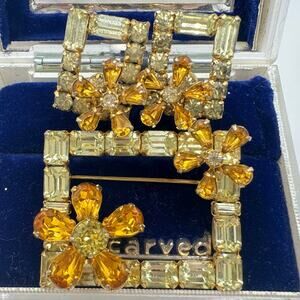 Sherman vintage gold tone amber yellow rhinestones brooch screw back earrings